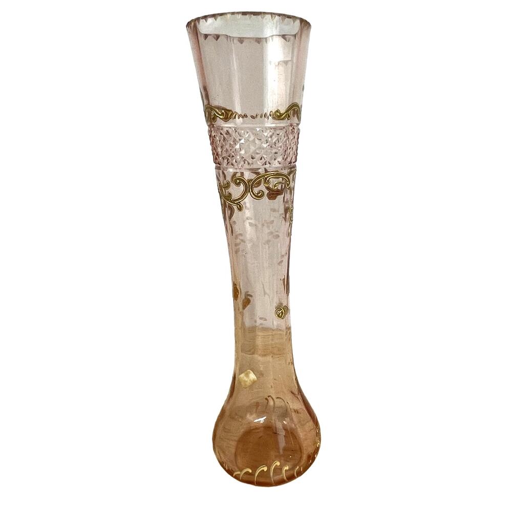 Vintage Signed Moser Art Glass Pink Vase Gold Gilt Great Condition